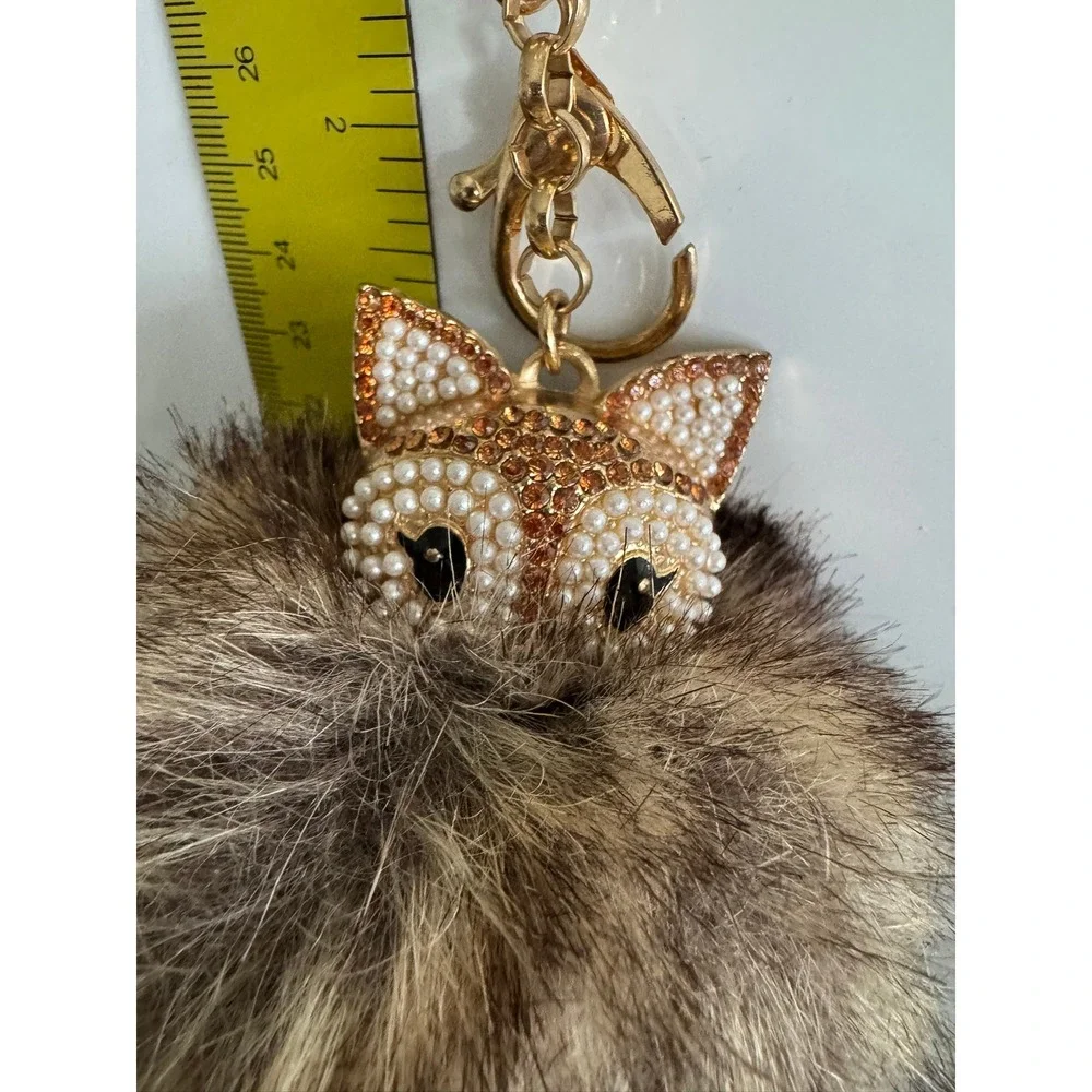 Gold Tone Fox Faux Fur Pom Pom Bag Charm Keychain Rhinestone Pearl Brown Tan